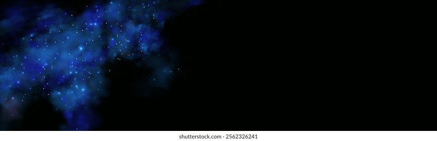 Realistic texture of fantastic smoke background. Blue fog with glitter and shimmering glowing particles. Starry neon magic dust.