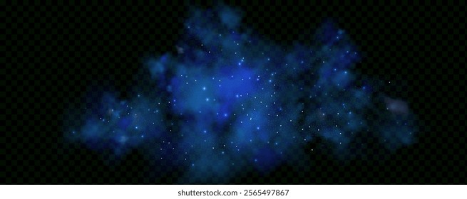 Realistic texture of fantastic smoke background. Blue fog with glitter and shimmering glowing particles. Starry neon magic dust.