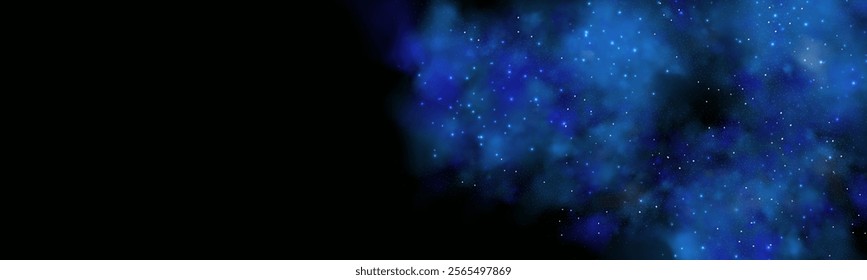 Realistic texture of fantastic smoke background. Blue fog with glitter and shimmering glowing particles. Starry neon magic dust.