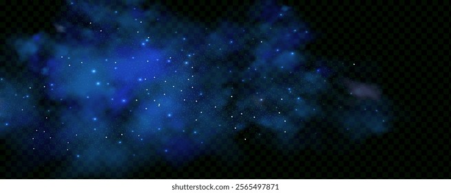 Realistic texture of fantastic smoke background. Blue fog with glitter and shimmering glowing particles. Starry neon magic dust.