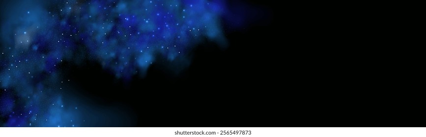 Realistic texture of fantastic smoke background. Blue fog with glitter and shimmering glowing particles. Starry neon magic dust.