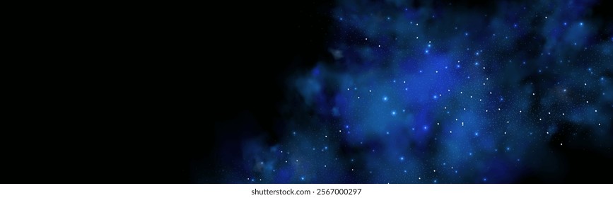 Realistic texture of fantastic smoke background. Blue fog with glitter and shimmering glowing particles. Starry neon magic dust.