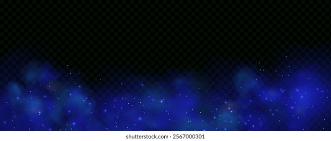 Realistic texture of fantastic smoke background. Blue fog with glitter and shimmering glowing particles. Starry neon magic dust.