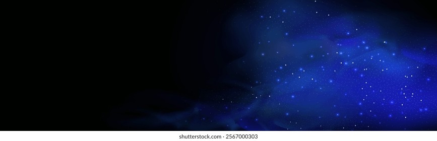 Realistic texture of fantastic smoke background. Blue fog with glitter and shimmering glowing particles. Starry neon magic dust.
