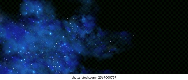Realistic texture of fantastic smoke background. Blue fog with glitter and shimmering glowing particles. Starry neon magic dust.
