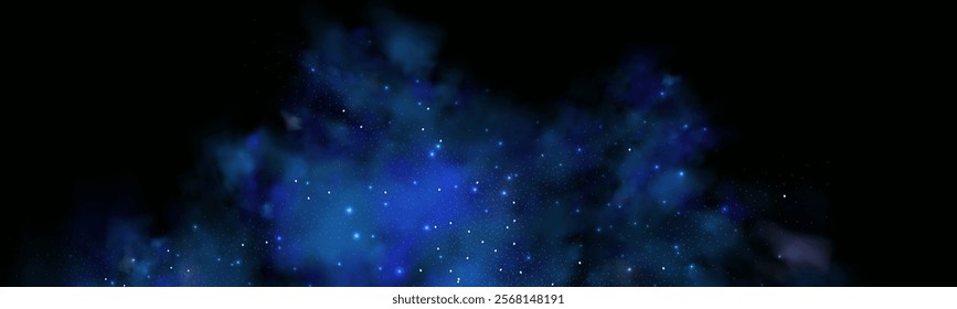 Realistic texture of fantastic smoke background. Blue fog with glitter and shimmering glowing particles. Starry neon magic dust.