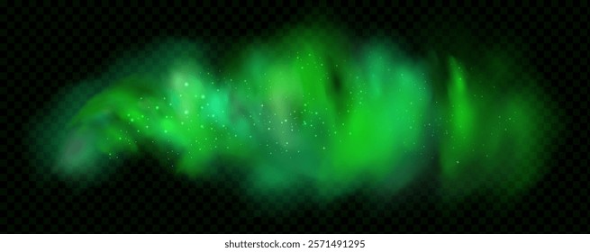 Realistic texture of fantastic smoke background. Green fog with glitter and shimmering glowing particles. Starry neon magic dust.