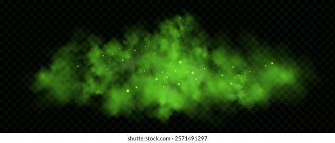 Realistic texture of fantastic smoke background. Green fog with glitter and shimmering glowing particles. Starry neon magic dust.