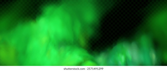 Realistic texture of fantastic smoke background. Green fog with glitter and shimmering glowing particles. Starry neon magic dust.