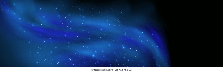 Realistic texture of fantastic smoke background. Blue fog with glitter and shimmering glowing particles. Starry neon magic dust.
