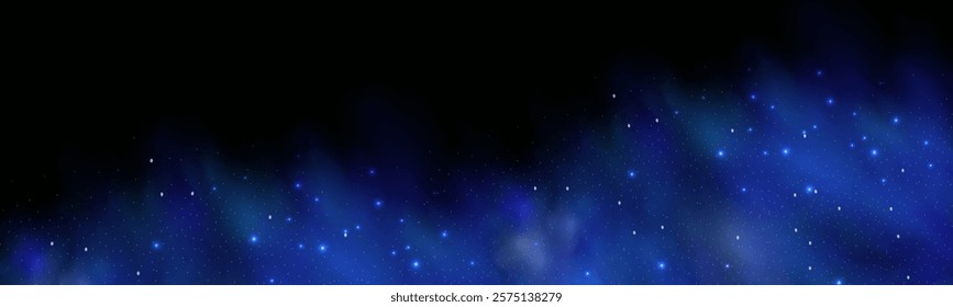Realistic texture of fantastic smoke background. Blue fog with glitter and shimmering glowing particles. Starry neon magic dust.