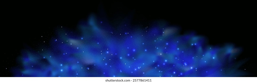 Realistic texture of fantastic smoke background. Blue fog with glitter and shimmering glowing particles. Starry neon magic dust.