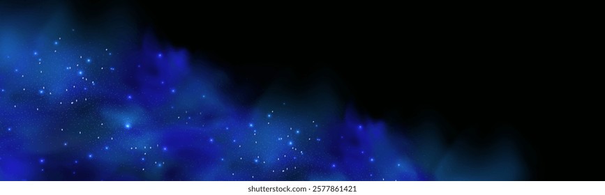 Realistic texture of fantastic smoke background. Blue fog with glitter and shimmering glowing particles. Starry neon magic dust.