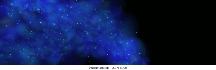 Realistic texture of fantastic smoke background. Blue fog with glitter and shimmering glowing particles. Starry neon magic dust.