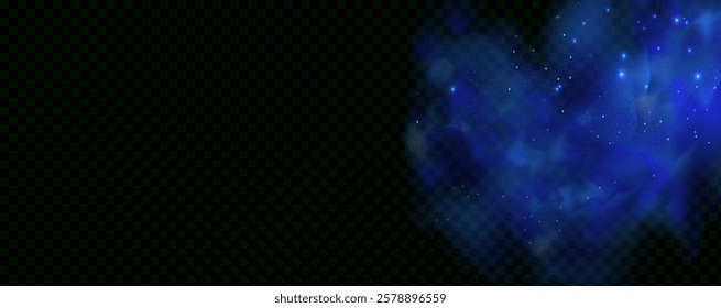 Realistic texture of fantastic smoke background. Blue fog with glitter and shimmering glowing particles. Starry neon magic dust.