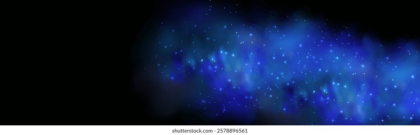 Realistic texture of fantastic smoke background. Blue fog with glitter and shimmering glowing particles. Starry neon magic dust.