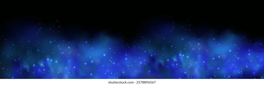 Realistic texture of fantastic smoke background. Blue fog with glitter and shimmering glowing particles. Starry neon magic dust.