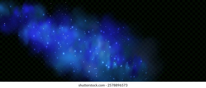 Realistic texture of fantastic smoke background. Blue fog with glitter and shimmering glowing particles. Starry neon magic dust.