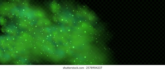 Realistic texture of fantastic smoke background. Green fog with glitter and shimmering glowing particles. Starry neon magic dust.