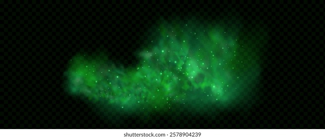 Realistic texture of fantastic smoke background. Green fog with glitter and shimmering glowing particles. Starry neon magic dust.