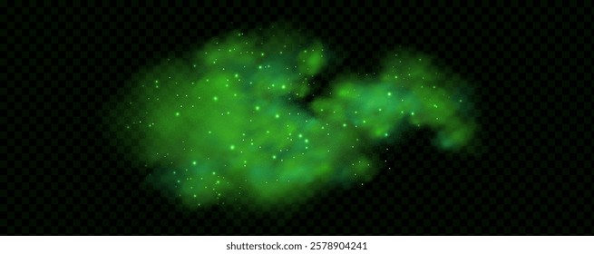Realistic texture of fantastic smoke background. Green fog with glitter and shimmering glowing particles. Starry neon magic dust.