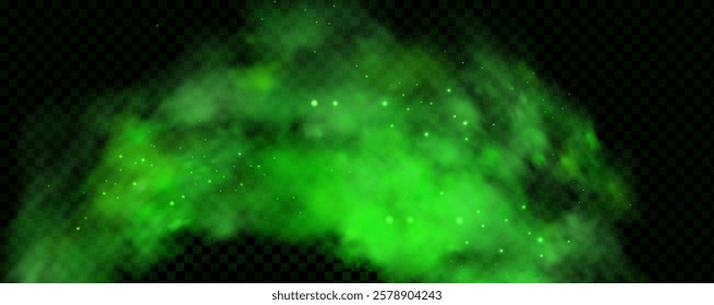 Realistic texture of fantastic smoke background. Green fog with glitter and shimmering glowing particles. Starry neon magic dust.