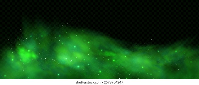 Realistic texture of fantastic smoke background. Green fog with glitter and shimmering glowing particles. Starry neon magic dust.