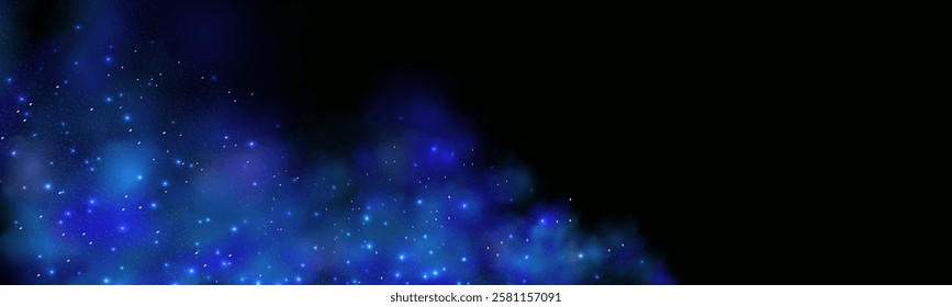 Realistic texture of fantastic smoke background. Blue fog with glitter and shimmering glowing particles. Starry neon magic dust.