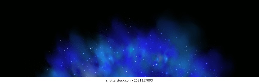 Realistic texture of fantastic smoke background. Blue fog with glitter and shimmering glowing particles. Starry neon magic dust.