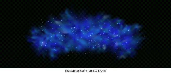 Realistic texture of fantastic smoke background. Blue fog with glitter and shimmering glowing particles. Starry neon magic dust.