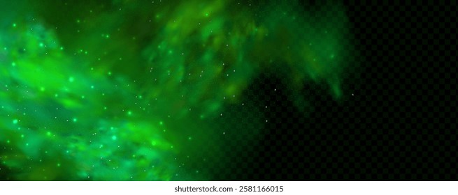 Realistic texture of fantastic smoke background. Green fog with glitter and shimmering glowing particles. Starry neon magic dust.