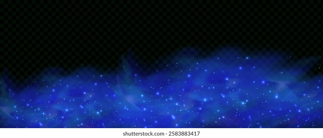 Realistic texture of fantastic smoke background. Blue fog with glitter and shimmering glowing particles. Starry neon magic dust.