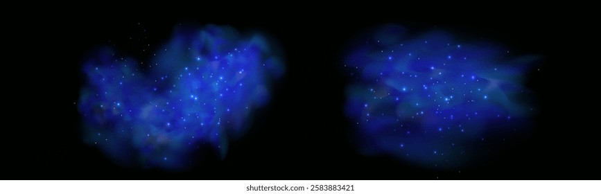 Realistic texture of fantastic smoke background. Blue fog with glitter and shimmering glowing particles. Starry neon magic dust.