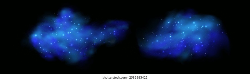 Realistic texture of fantastic smoke background. Blue fog with glitter and shimmering glowing particles. Starry neon magic dust.