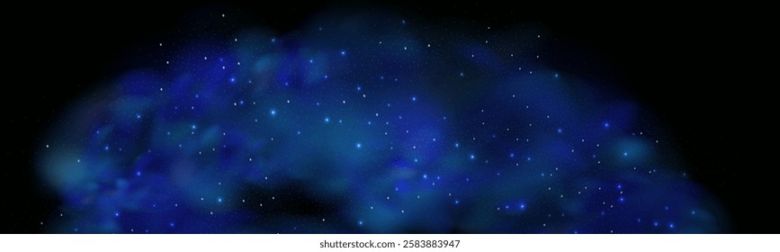 Realistic texture of fantastic smoke background. Blue fog with glitter and shimmering glowing particles. Starry neon magic dust.