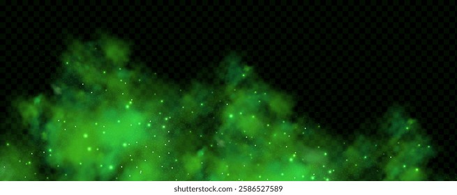 Realistic texture of fantastic smoke background. Green fog with glitter and shimmering glowing particles. Starry neon magic dust.