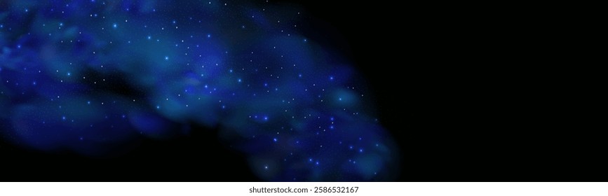 Realistic texture of fantastic smoke background. Blue fog with glitter and shimmering glowing particles. Starry neon magic dust.