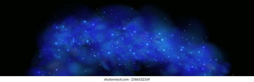 Realistic texture of fantastic smoke background. Blue fog with glitter and shimmering glowing particles. Starry neon magic dust.