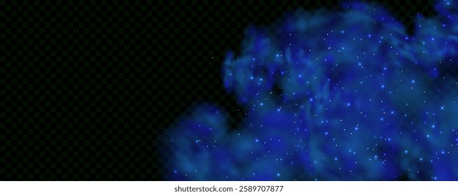 Realistic texture of fantastic smoke background. Blue fog with glitter and shimmering glowing particles. Starry neon magic dust.