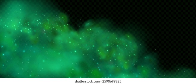 Realistic texture of fantastic smoke background. Green fog with glitter and shimmering glowing particles. Starry neon magic dust.