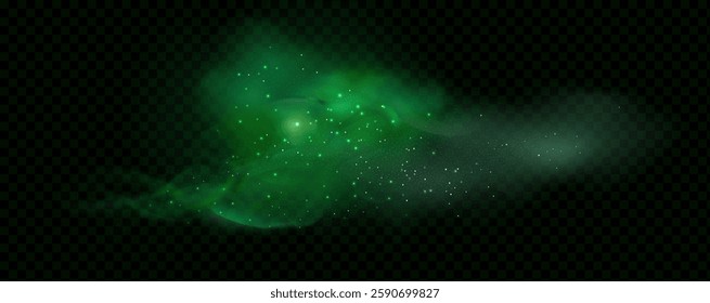 Realistic texture of fantastic smoke background. Green fog with glitter and shimmering glowing particles. Starry neon magic dust.