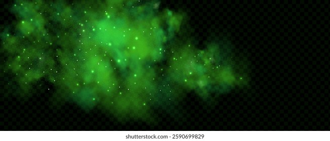 Realistic texture of fantastic smoke background. Green fog with glitter and shimmering glowing particles. Starry neon magic dust.