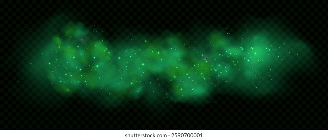 Realistic texture of fantastic smoke background. Green fog with glitter and shimmering glowing particles. Starry neon magic dust.