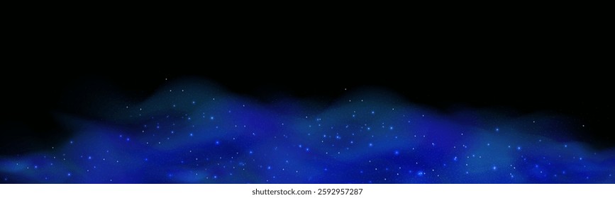 Realistic texture of fantastic smoke background. Blue fog with glitter and shimmering glowing particles. Starry neon magic dust.