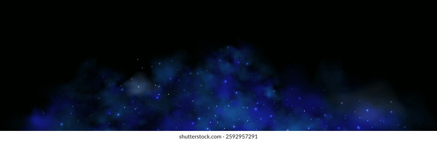Realistic texture of fantastic smoke background. Blue fog with glitter and shimmering glowing particles. Starry neon magic dust.