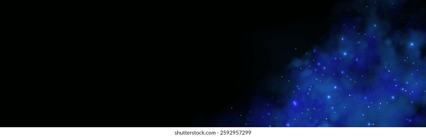 Realistic texture of fantastic smoke background. Blue fog with glitter and shimmering glowing particles. Starry neon magic dust.