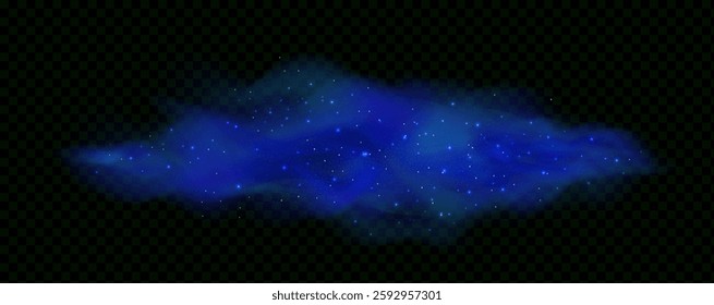 Realistic texture of fantastic smoke background. Blue fog with glitter and shimmering glowing particles. Starry neon magic dust.