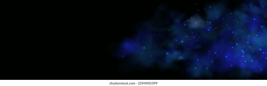 Realistic texture of fantastic smoke background. Blue fog with glitter and shimmering glowing particles. Starry neon magic dust.