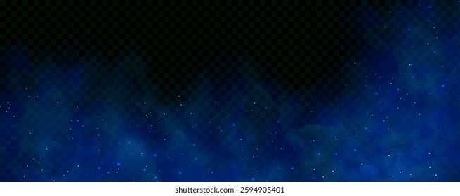 Realistic texture of fantastic smoke background. Blue fog with glitter and shimmering glowing particles. Starry neon magic dust.