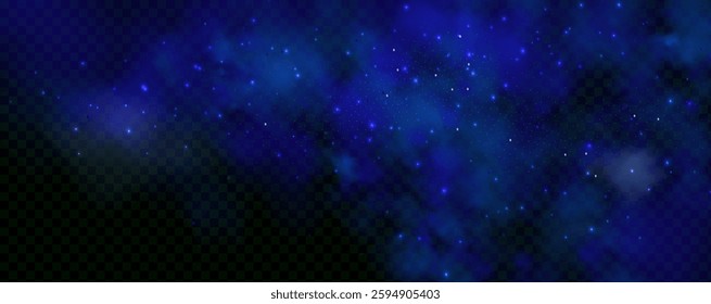Realistic texture of fantastic smoke background. Blue fog with glitter and shimmering glowing particles. Starry neon magic dust.
